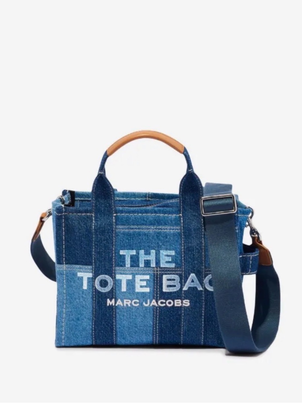 Marc Jacobs Denim Patchwork Small Tote Bag in Blue with Tan Handle